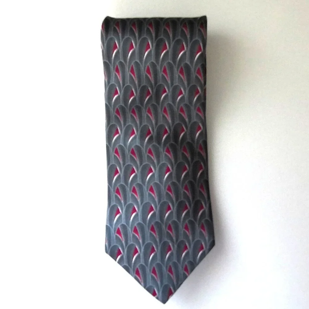 Vtg Stafford Executive Men's Silk Necktie Retro Red Gray & White Geometric EUC